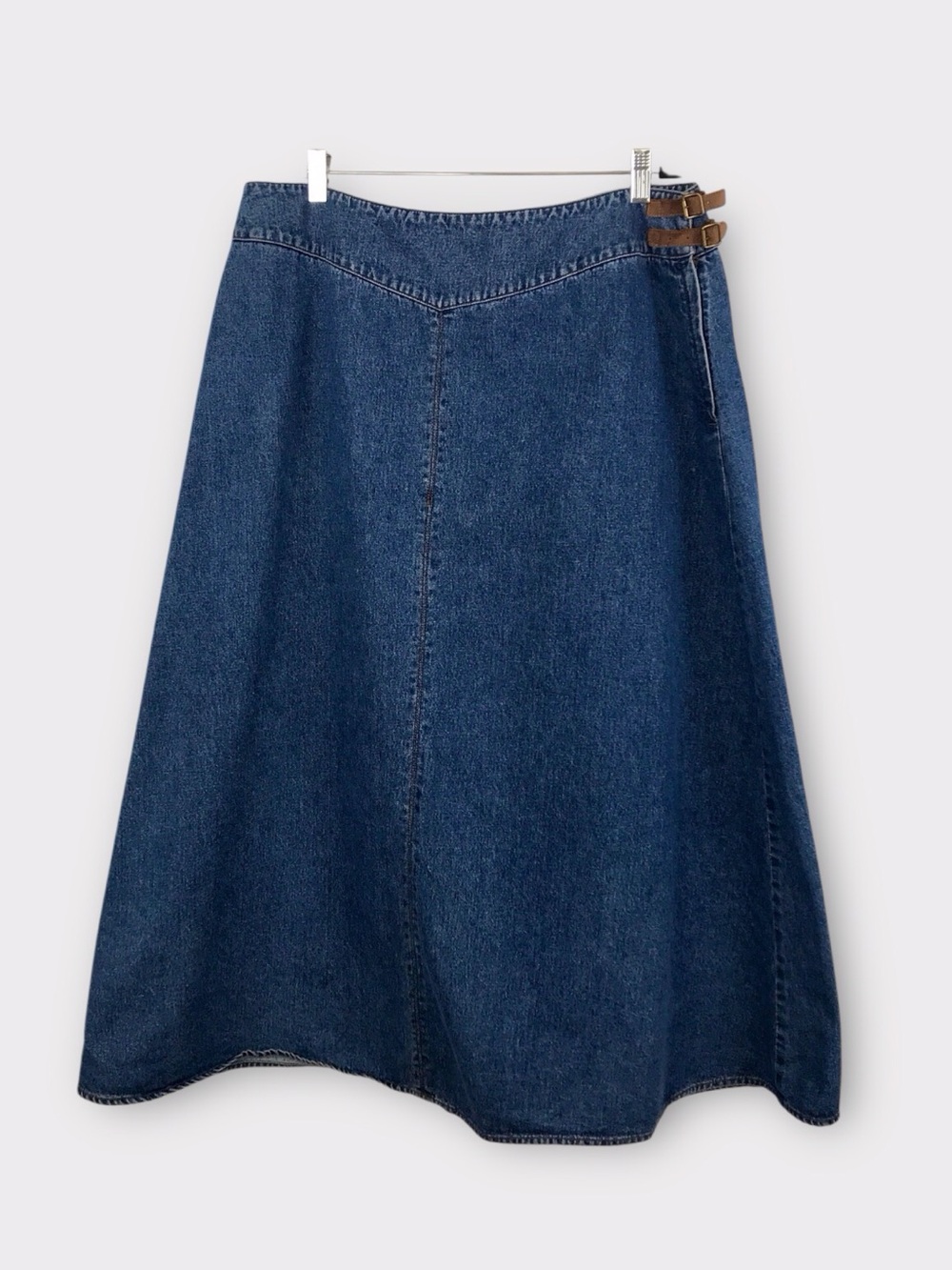 Vintage Ralph Lauren Denim A-Line Maxi Skirt Leather Buckle Side Detail Cotton